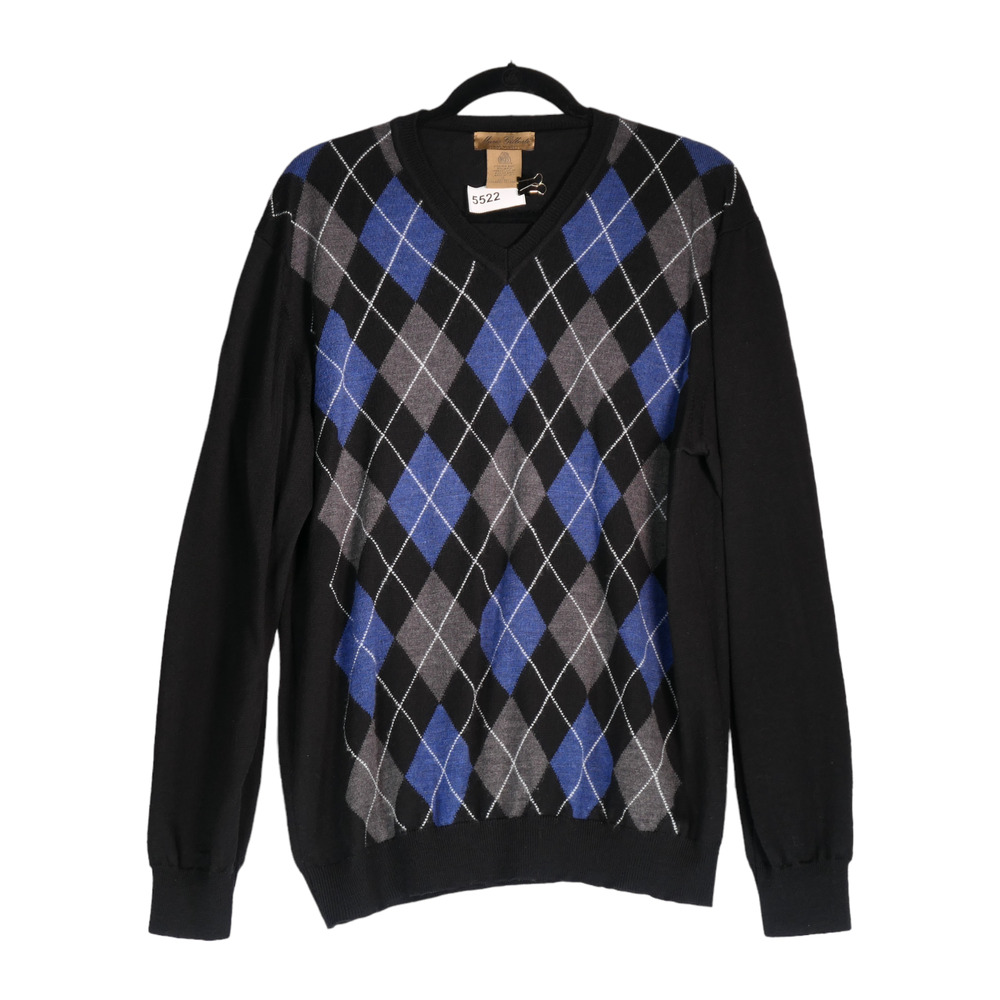Mario Gilberti Sweater Mens Large Black Blue Argyle 100% Merino Wool Italy